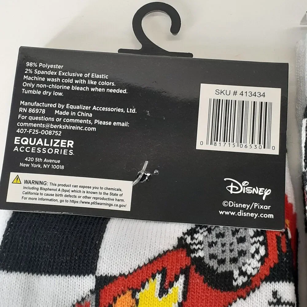 Disney Pixar Cars Movie Mens 2 Pack Multicolor Striped Crew Socks Sz 6-12 NWT